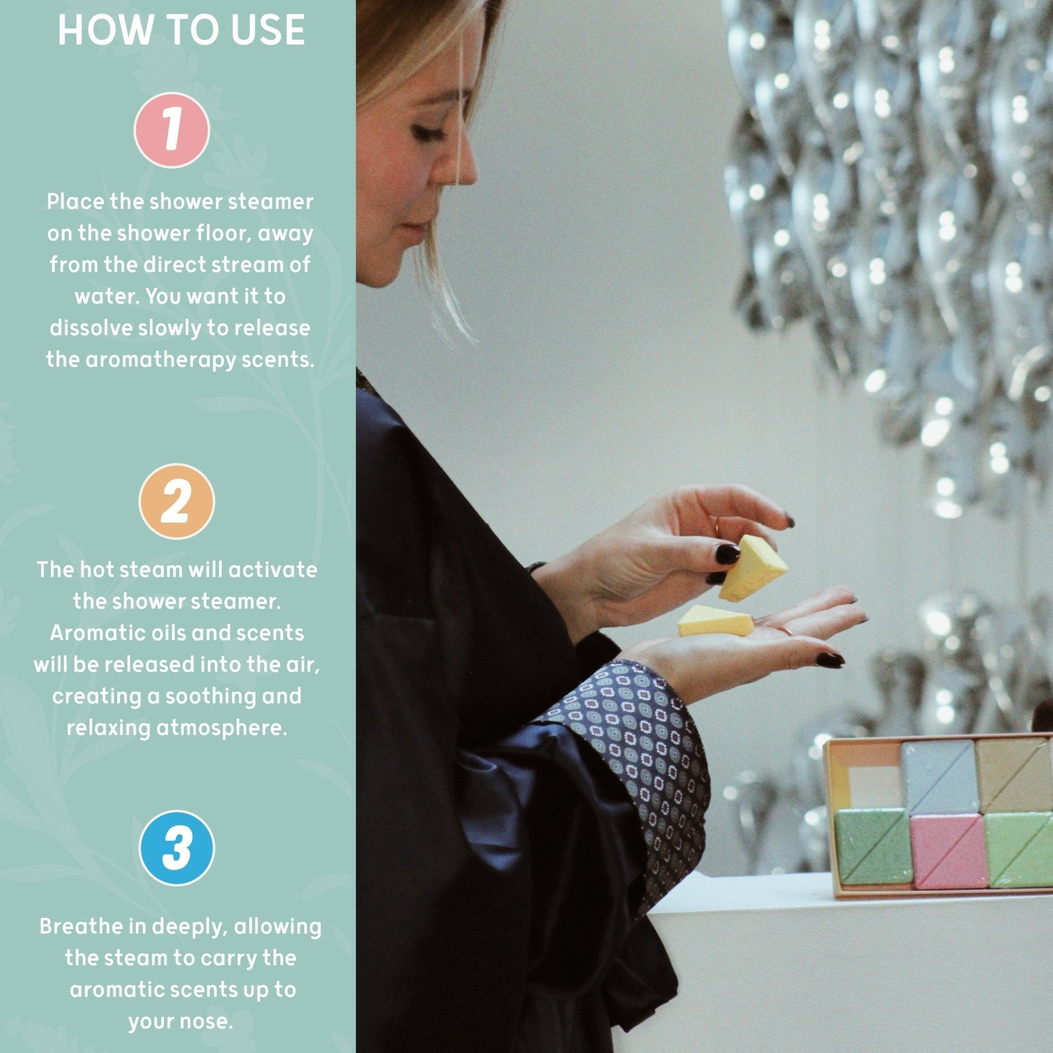 SMUG energising shower steamer set with two steamers, shown in an infographic demonstrating how to use in the shower.