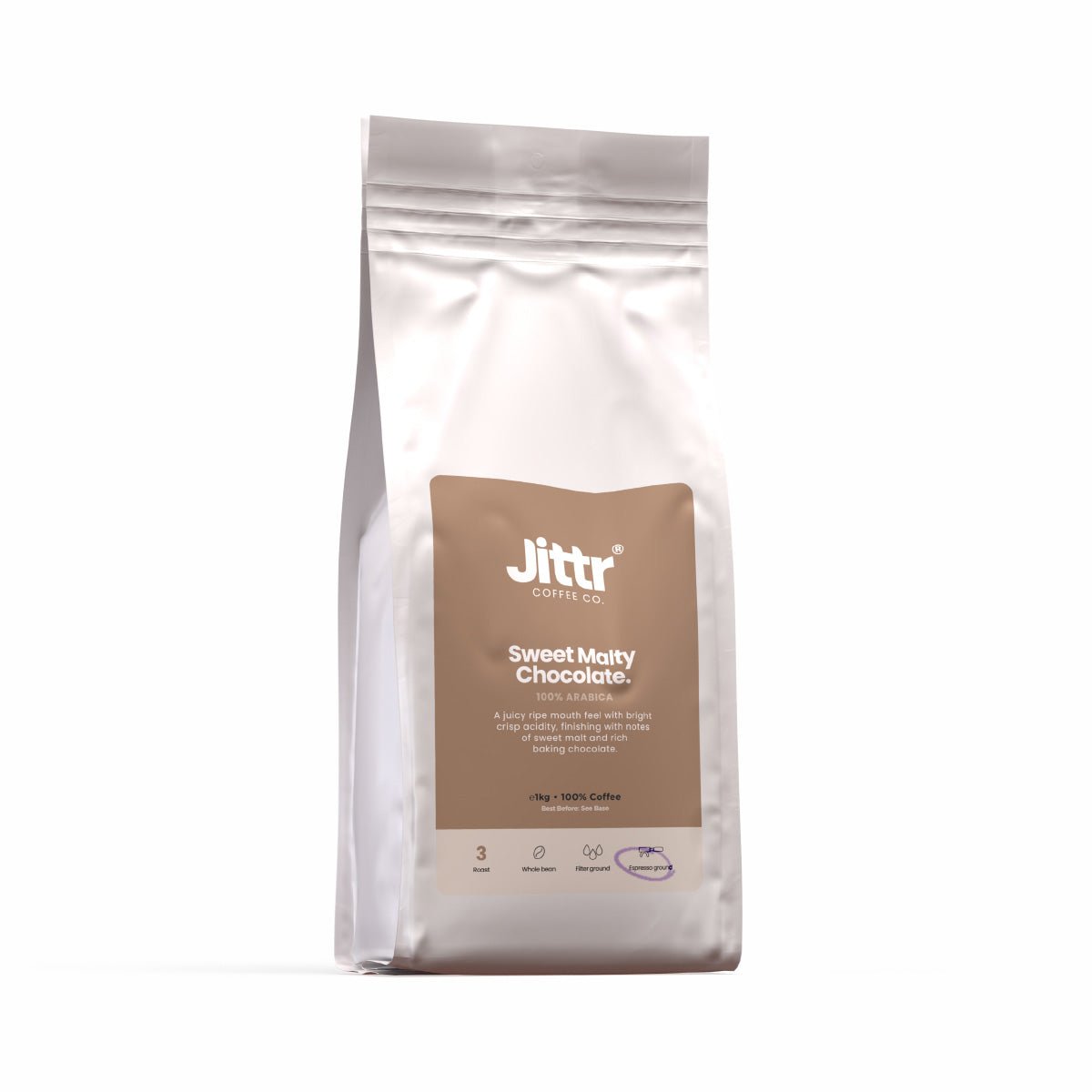 Bag of Jittr Coffee Co Sweet Malty Chocolate coffee beans in 1kg packaging, showcasing rich, roasted coffee with a glossy finish.
