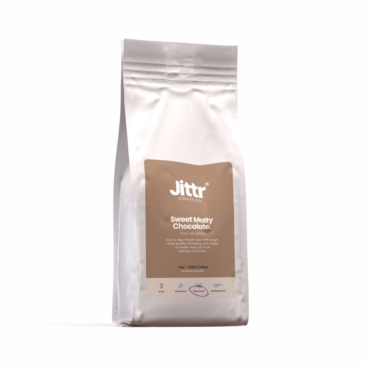 Sweet Malty Coffee by Jittr Coffee Co, 1kg bag featuring rich, chocolatey aroma and smooth malty flavor.