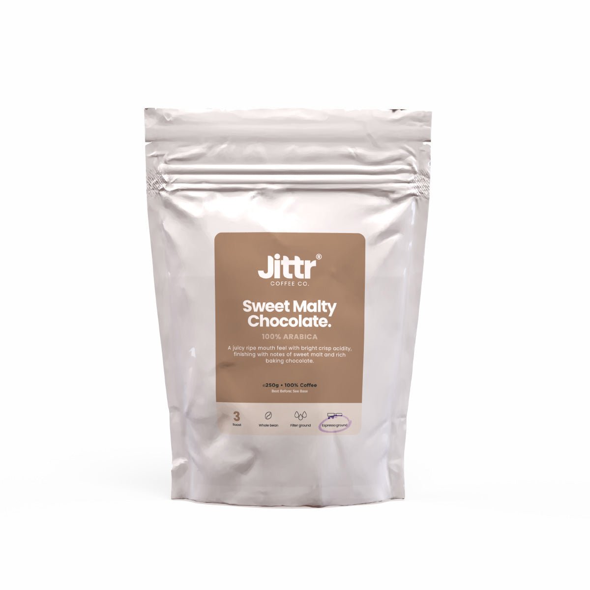 A bag of Jittr Coffee Co sweet malty chocolate coffee beans in a 250g package, showcasing the rich, roasted coffee beans inside.