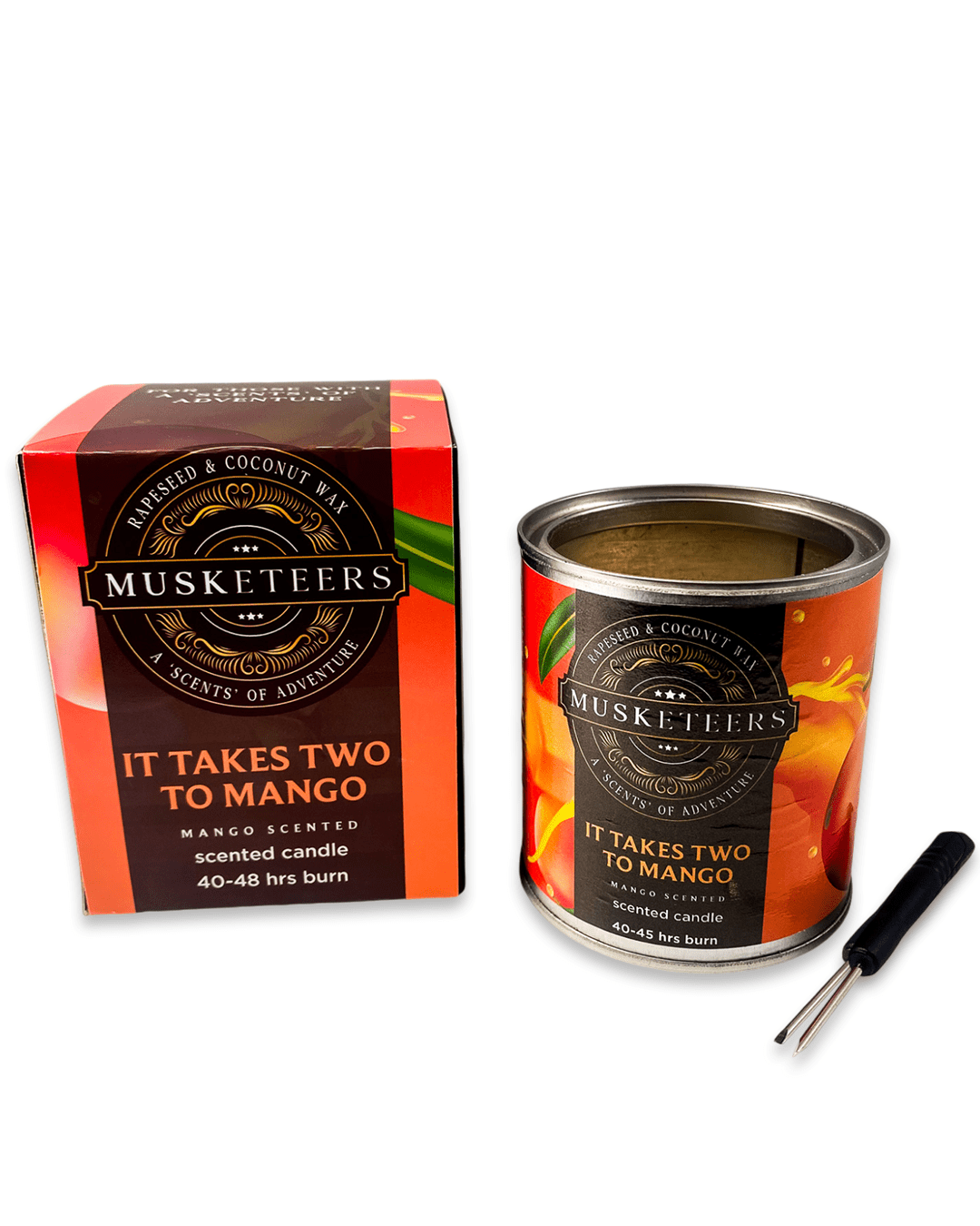 Musketeers Takes Two to Mango scented candle with a vibrant mango-themed design on a white background.