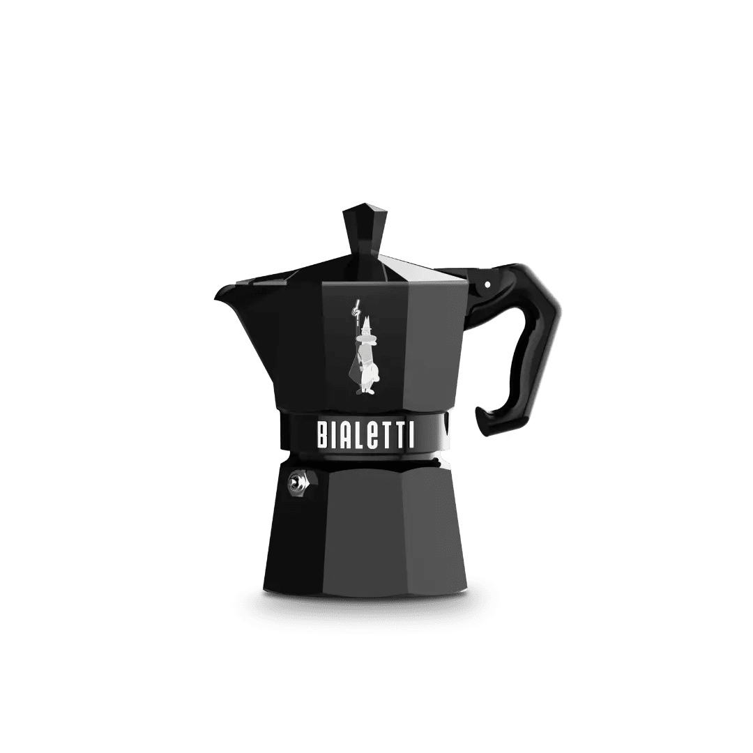 Black Bialetti Moka Express Exclusive 3-cup stovetop coffee maker by Brew Italia with a sleek handle and classic design.