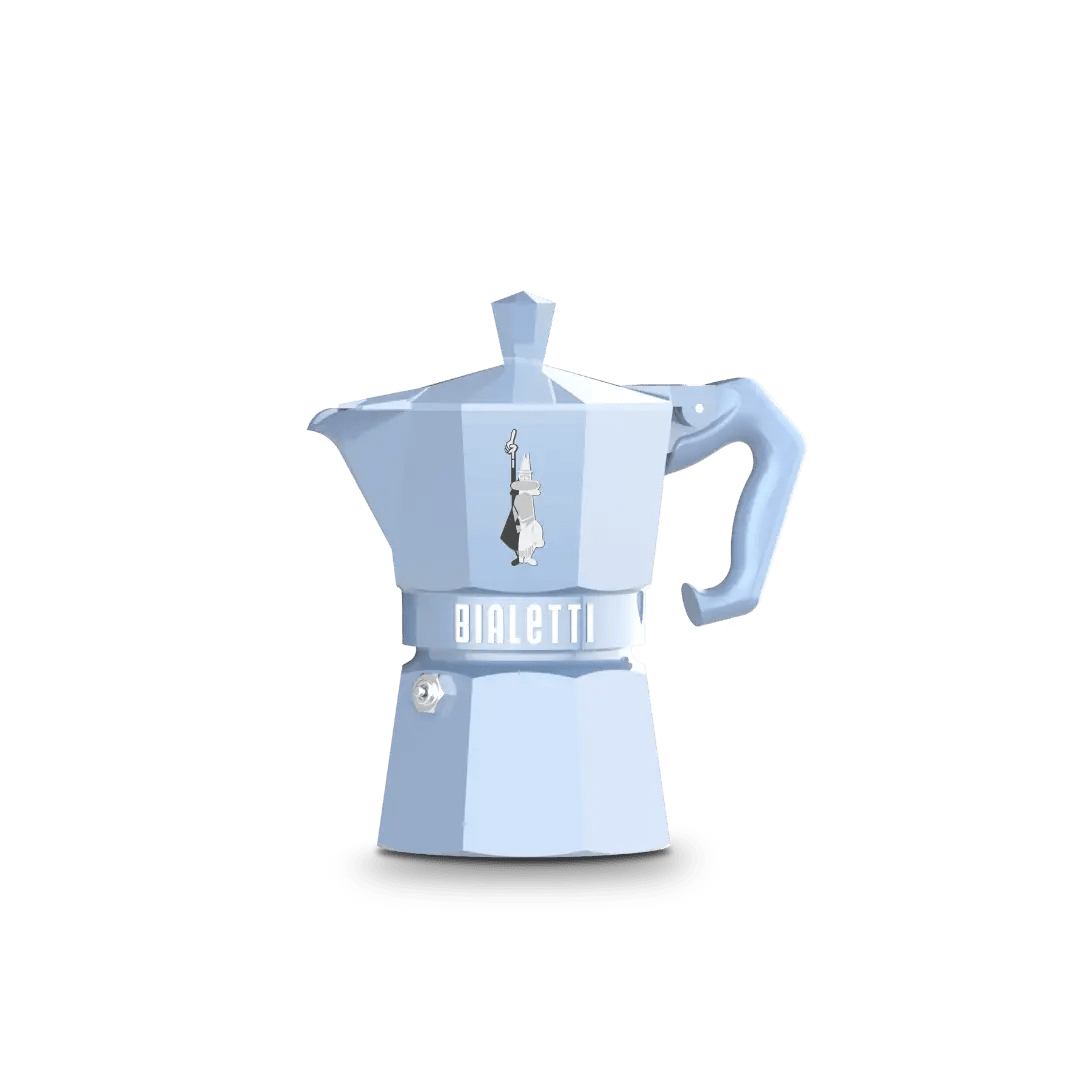 Blue Bialetti Moka Express Exclusive 3-cup stovetop coffee maker for rich espresso brewing.