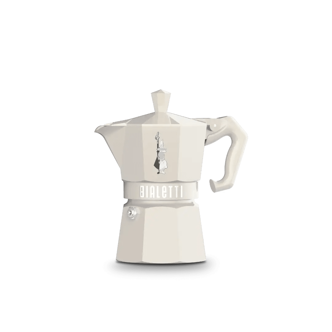 Bialetti Brew Italia Moka Express Exclusive 3-cup coffee maker in cream finish with stainless steel handle.