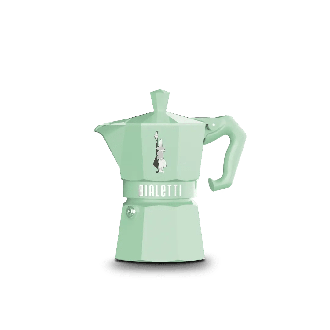Green Bialetti Moka Express Exclusive 3-cup stovetop coffee maker by Brew Italia, showing the classic aluminum design.