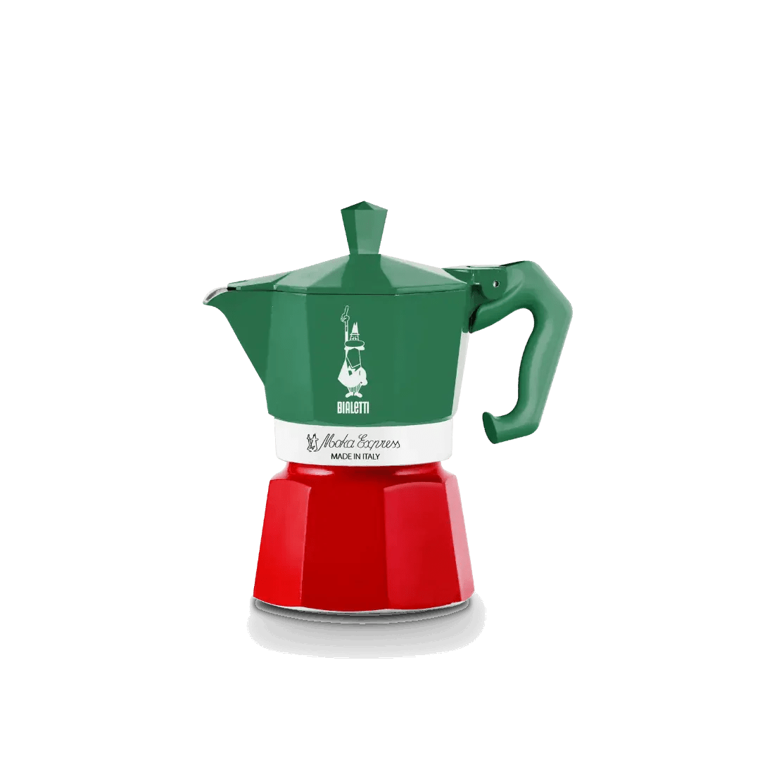 Bialetti Moka Express Italia Exclusive 3-cup coffee maker with stainless steel handle and classic design.