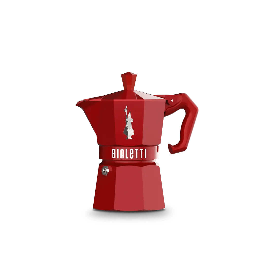 Red Bialetti Moka Express Exclusive 3-cup coffee maker by Brew Italia with stainless steel handle, shown from a side angle.