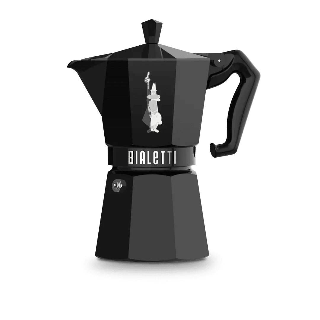 Black Bialetti Moka Express 6-cup coffee maker by Brew Italia with classic design and ergonomic handle.