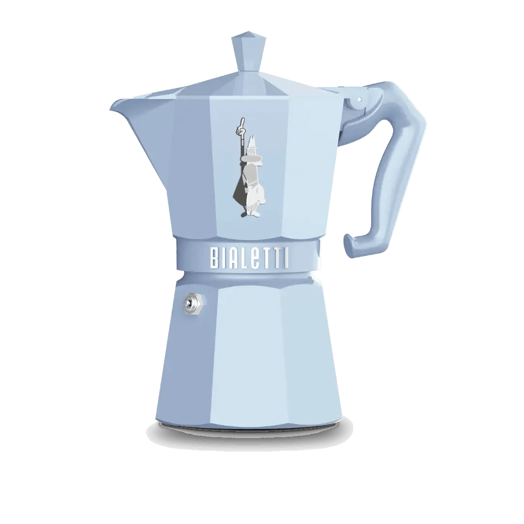 Blue Bialetti Moka Express Exclusive 6-cup coffee maker with polished aluminum finish and ergonomic handle.