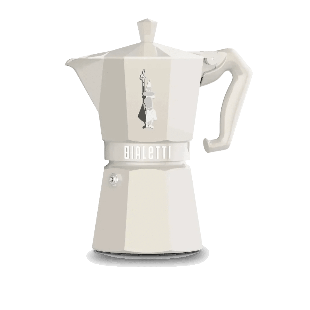 Bialetti Moka Express Exclusive 6-cup cream-colored stovetop coffee maker by Brew Italia with aluminum body