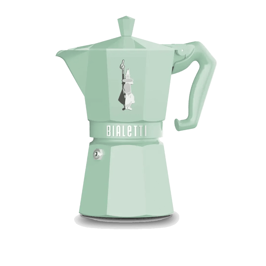 Green Bialetti Moka Express 6-cup coffee maker with sleek Italian design by Brew Italia.