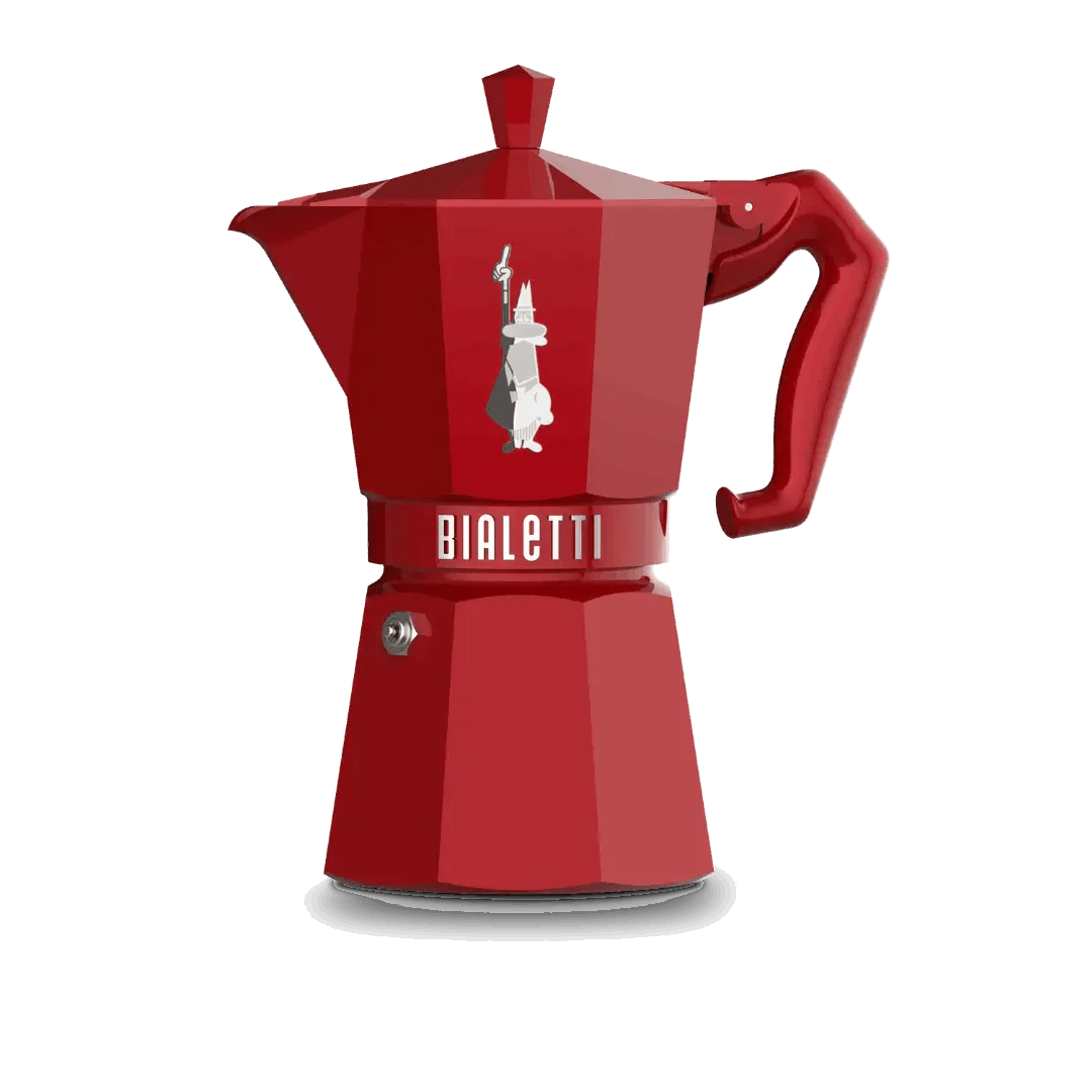 Red Bialetti Moka Express 6-cup coffee maker by Brew Italia, featuring a classic stovetop espresso pot design.
