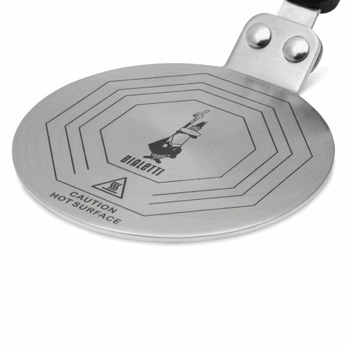 Bialetti Brew Italia induction converter plate for moka express coffee makers, flat black metal surface with Bialetti branding.
