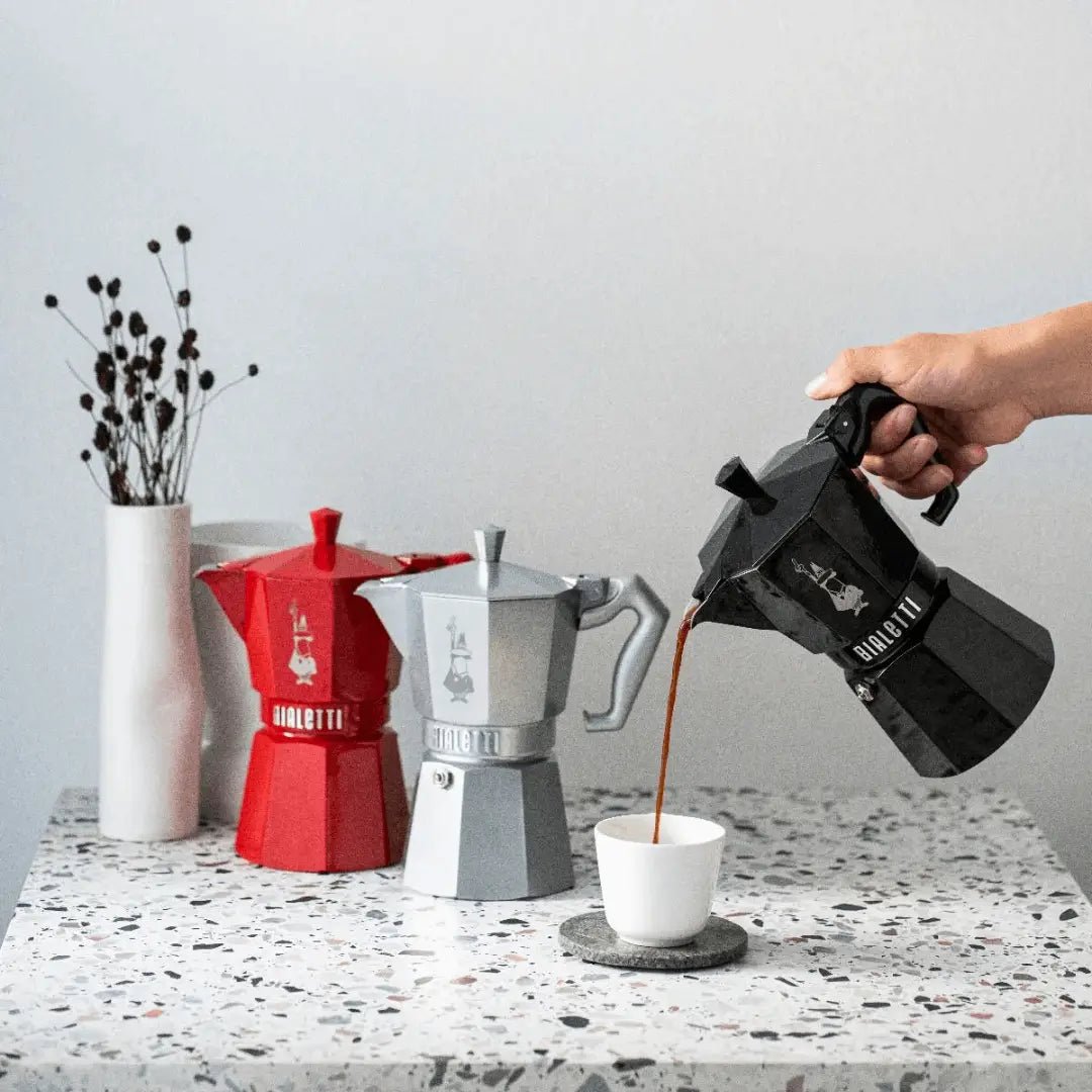 Bialetti Moka Express Exclusive by Brew Italia, new range, showcasing the classic stovetop coffee maker in a sleek design.