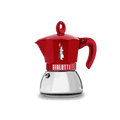 Bialetti Brew Italia Moka Induction Exclusive 2-cup red stovetop coffee maker on a kitchen countertop