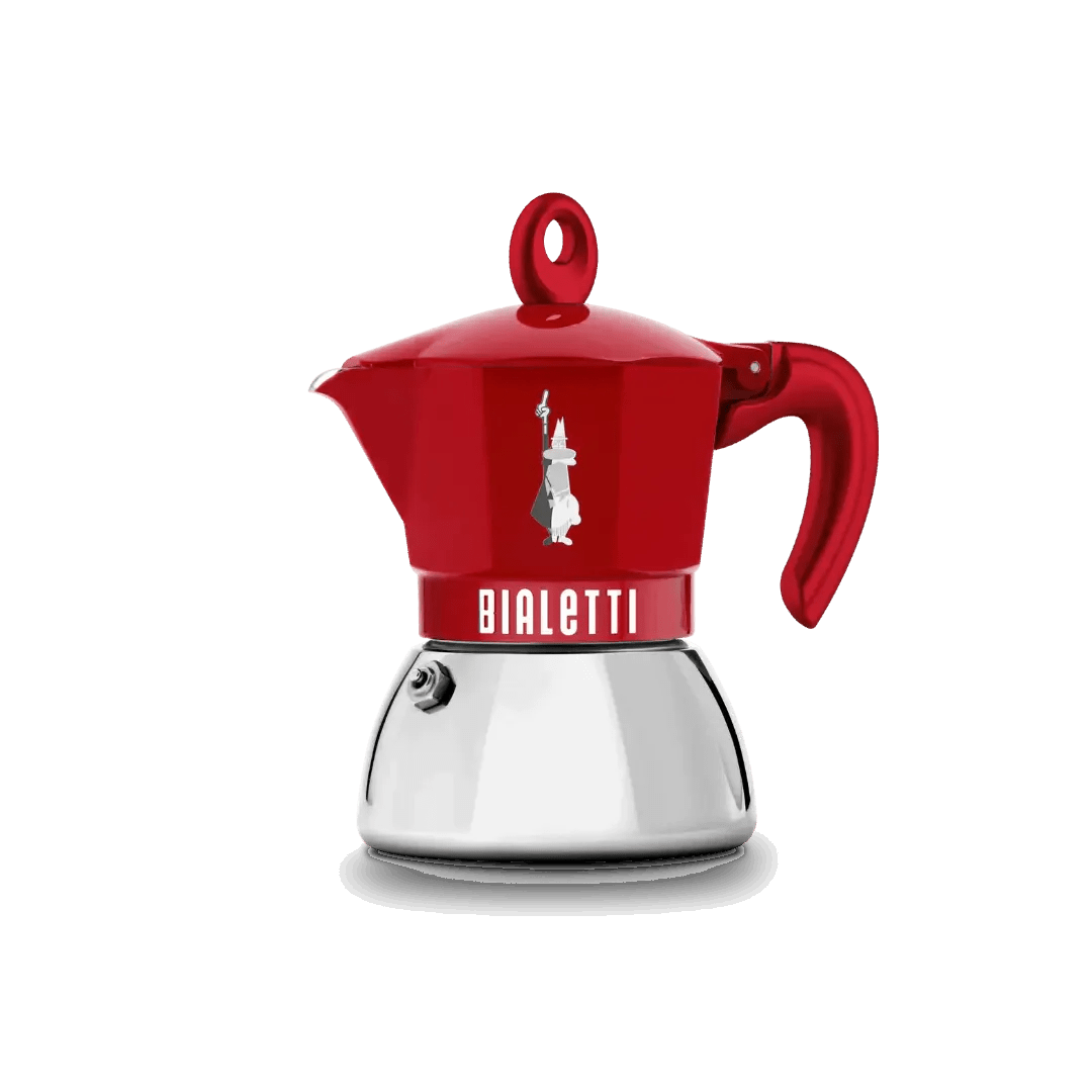 Bialetti Brew Italia Moka Induction Exclusive 2-cup red stovetop coffee maker on a kitchen countertop