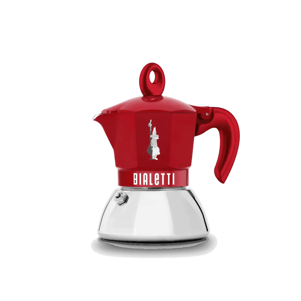 Bialetti Brew Italia Moka Induction Exclusive 4-cup coffee maker with stainless steel design and black handle.