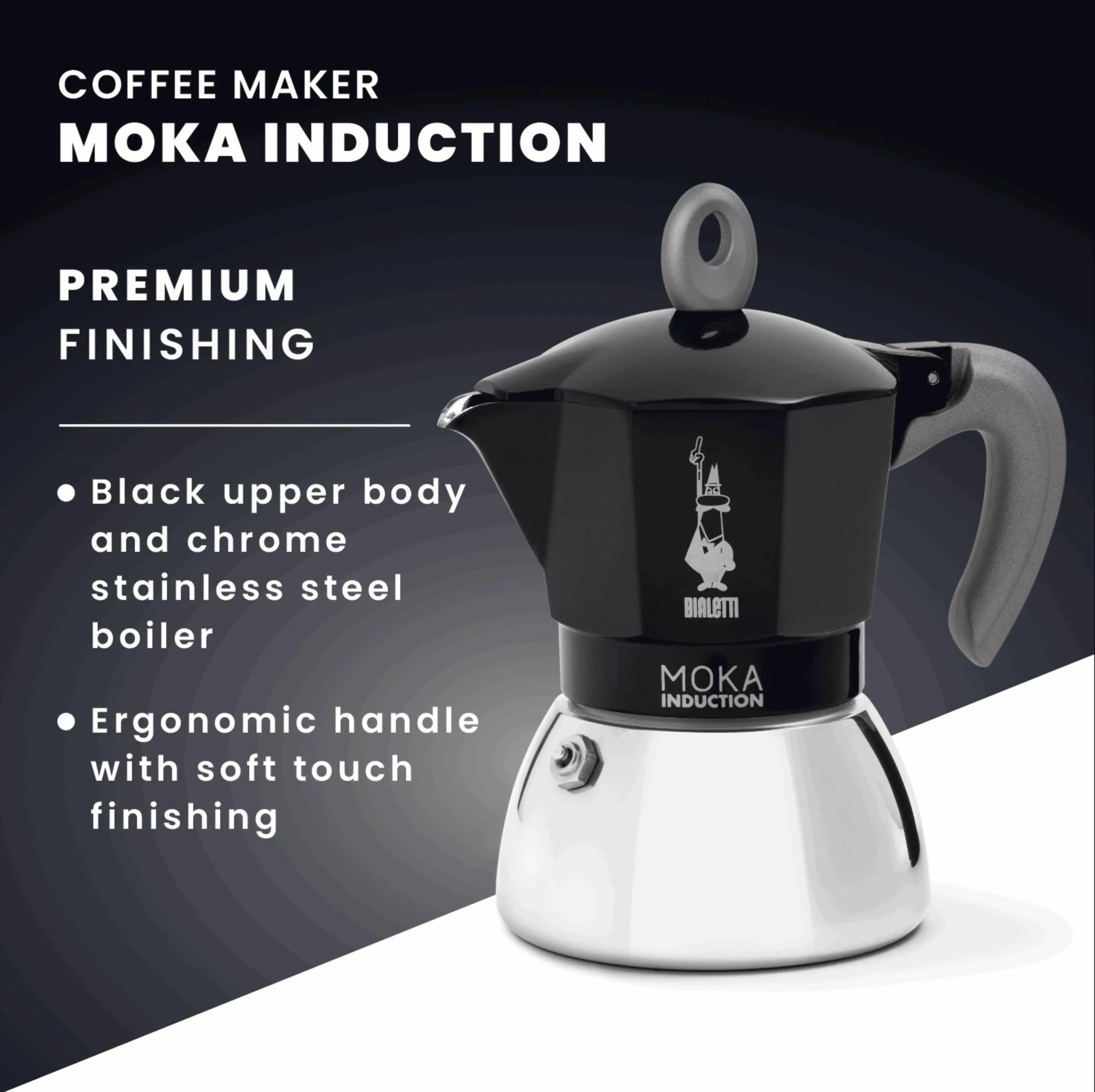 Bialetti Moka Induction stovetop coffee maker with stainless steel body, black handle, and lid, designed for efficient brewing.