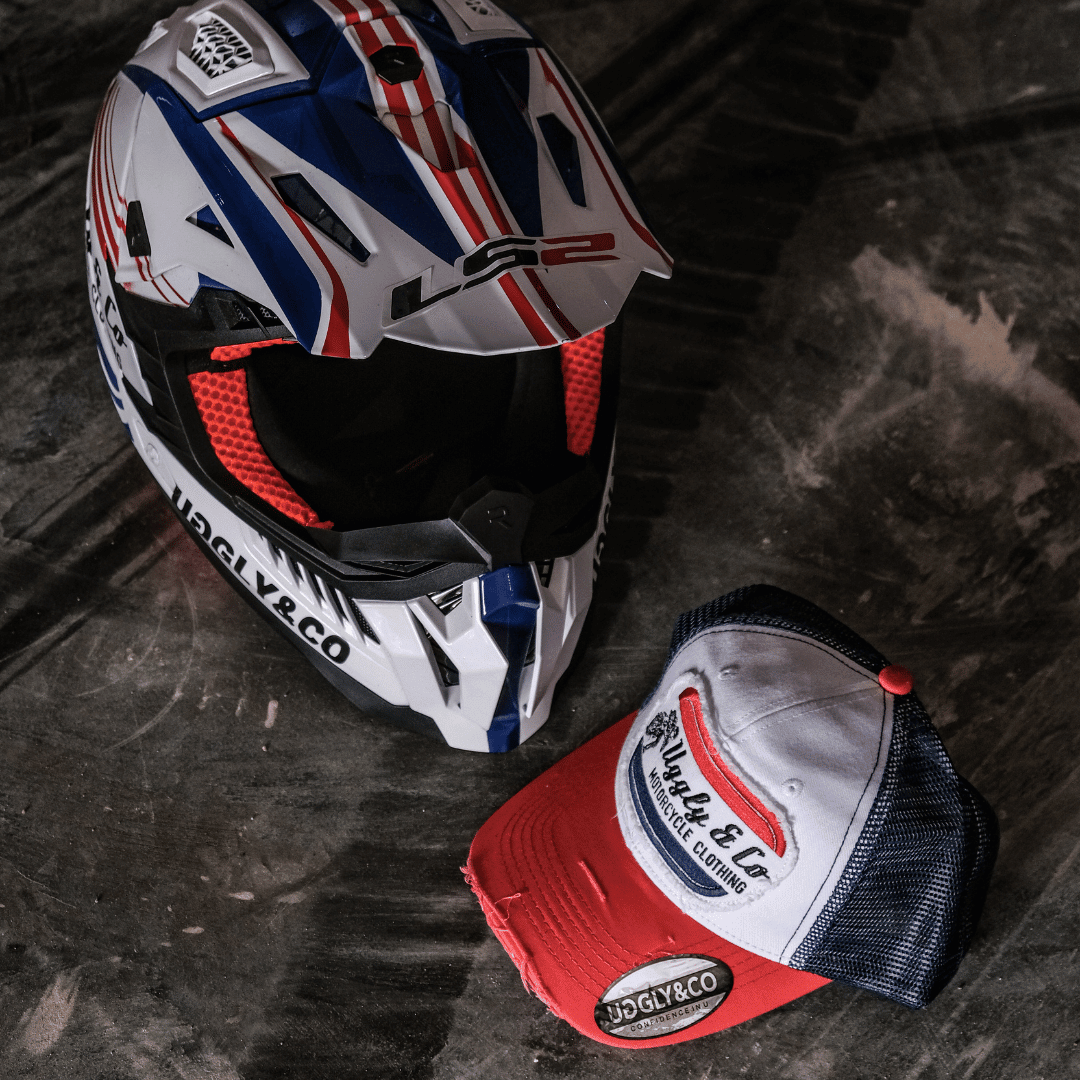 White & Red Flat Track Trucker Hat