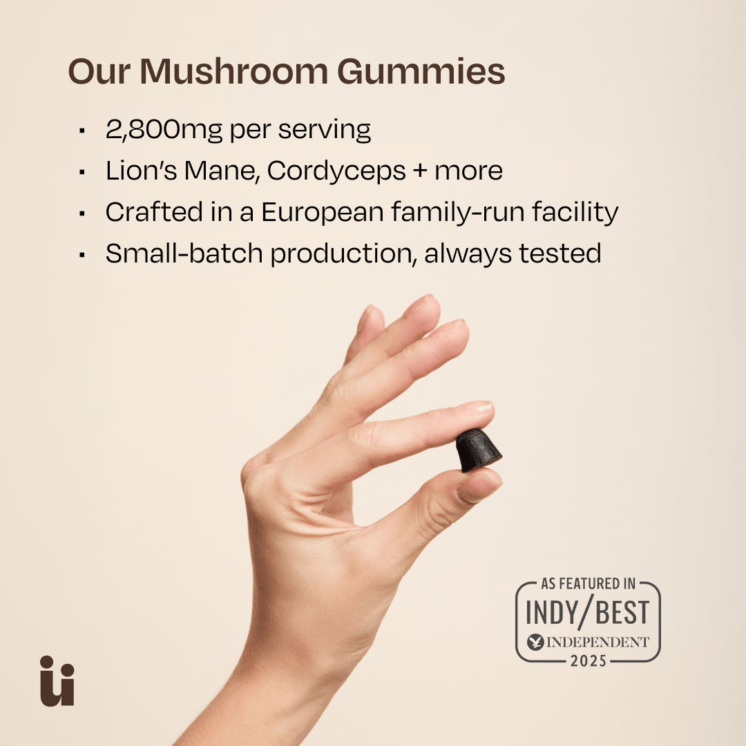 Feel Güd Mushroom Gummies showing colorful mushroom-shaped soft candies in a clear container.