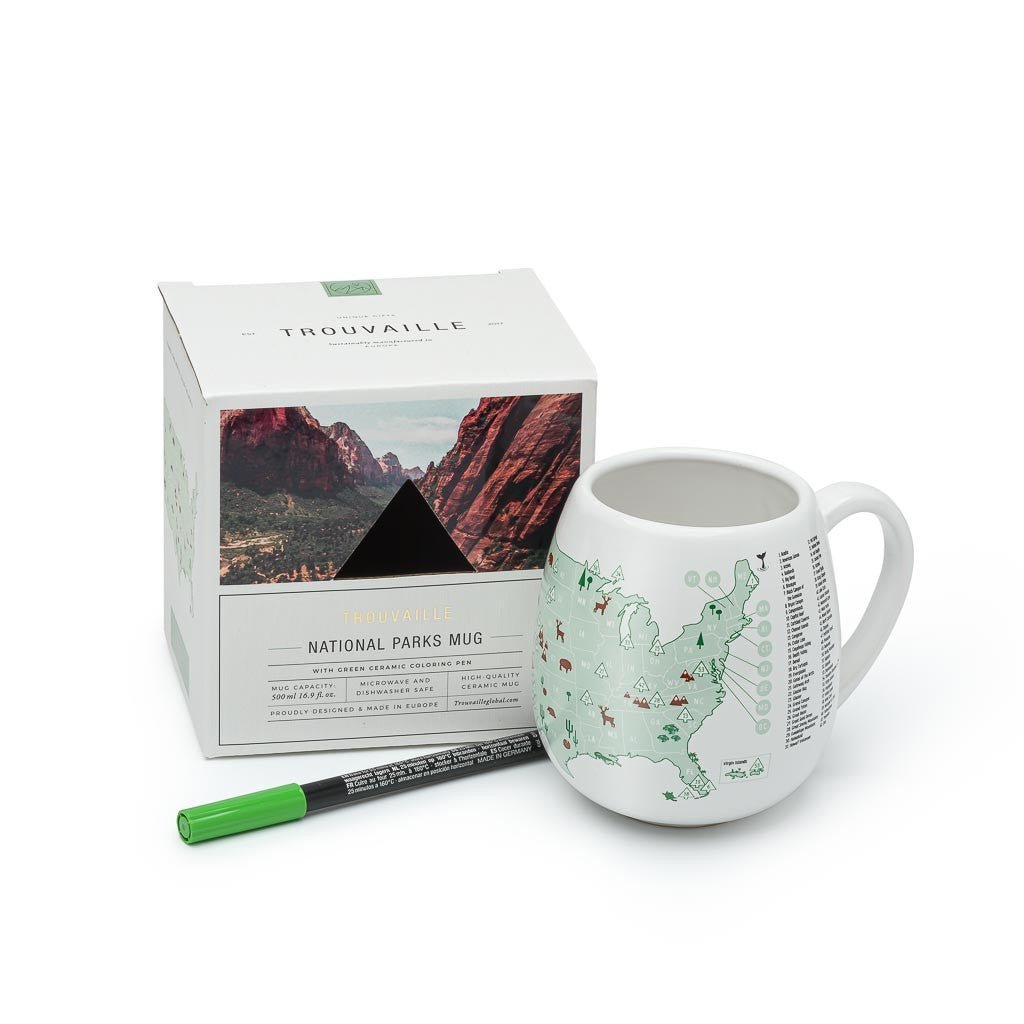 Color-in ceramic mug featuring US national parks design with a ceramic pen, packaged for creative coloring by Trouvaille.