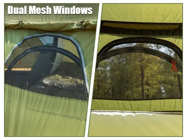 HikeWare Night Cat 3-person pop-up cabin tent with porch, blue fabric, mesh windows, and sturdy frame, set up outdoors.