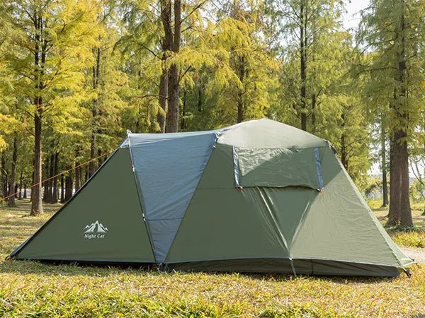 HikeWare Night Cat 3-person pop-up cabin tent with porch, featuring a spacious fabric interior and mesh windows for ventilation.