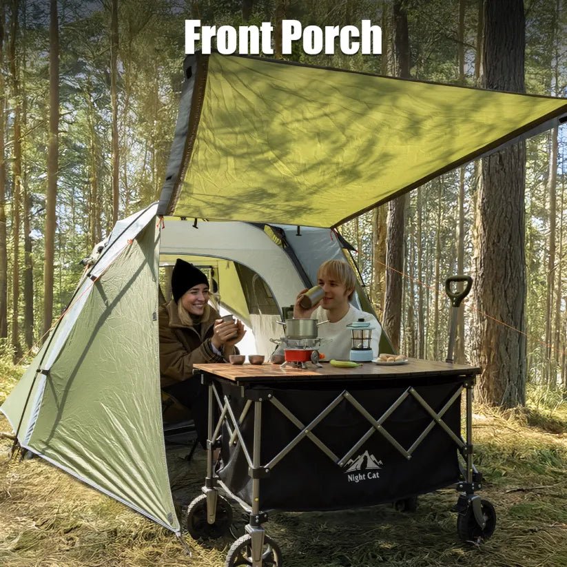 HikeWare Night Cat 3-person pop-up cabin tent with porch, shown set up with fabric walls and mesh windows for outdoor camping.