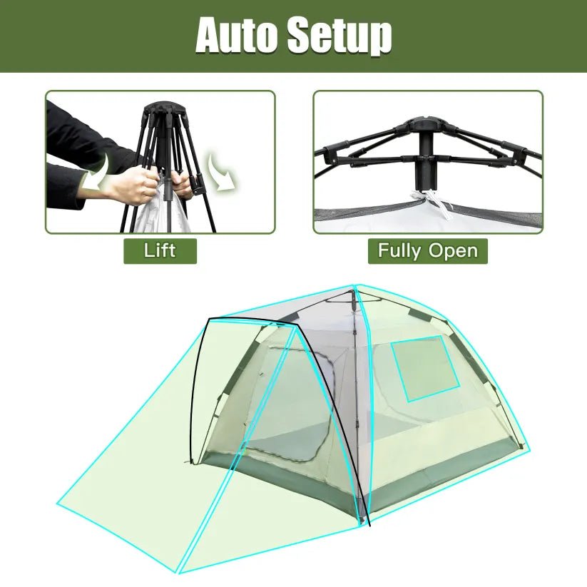 HikeWare Night Cat 3-Person Pop-Up Cabin Tent with Porch set up outdoors, featuring a spacious design and sturdy fabric.