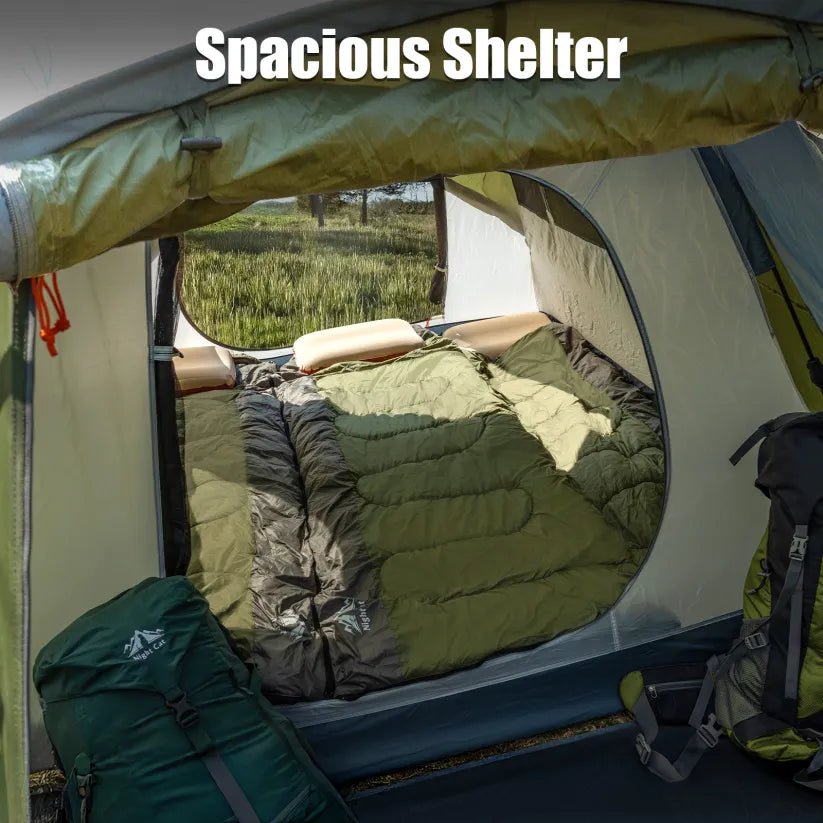 HikeWare Night Cat 3-person pop-up cabin tent with porch, featuring a spacious interior and attached outdoor porch area.