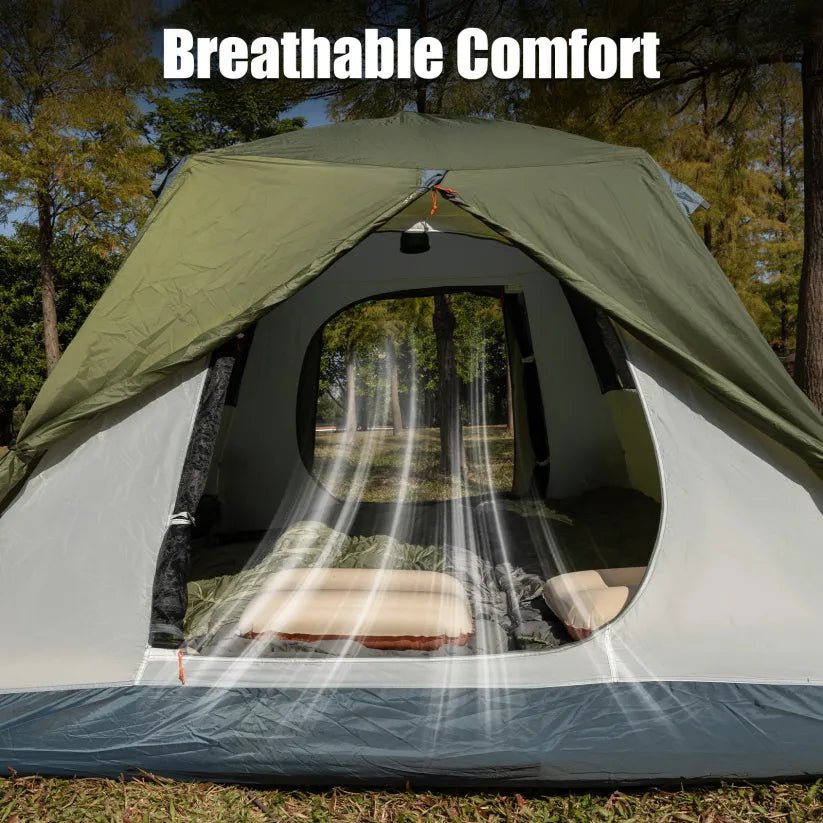 HikeWare Night Cat 3-person pop-up cabin tent with porch, featuring durable fabric and spacious interior for camping adventures.