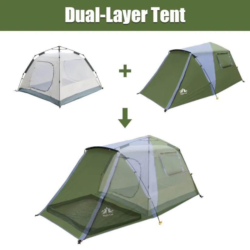 HikeWare Night Cat 3-person pop-up cabin tent with porch, shown set up with open door and spacious interior for camping.