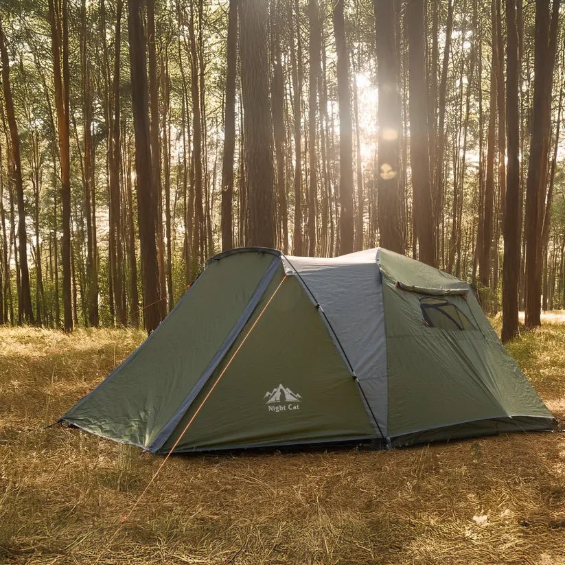 HikeWare Night Cat 3-person pop-up cabin tent with porch, featuring a spacious interior and weather-resistant fabric.