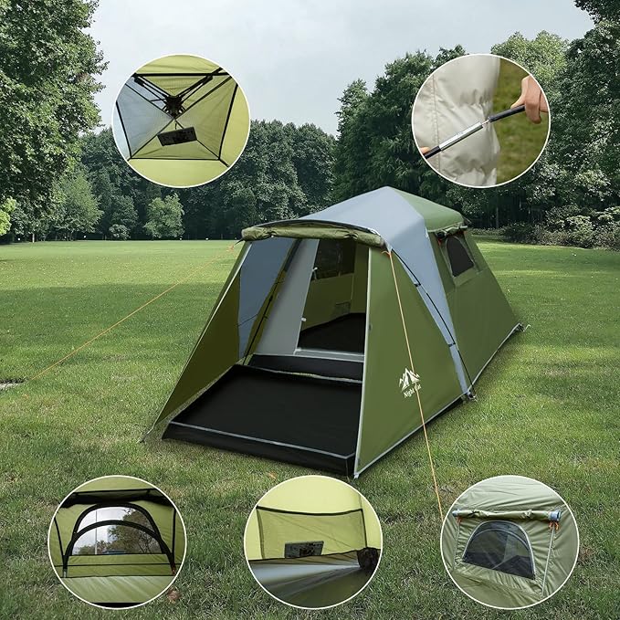 HikeWare Night Cat 3-Person Pop-Up Cabin Tent with Porch, shown set up outdoors with spacious interior and attached porch area.