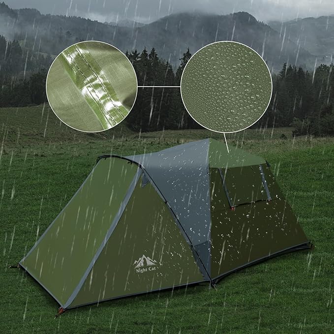 HikeWare Night Cat 3-person pop-up cabin tent with porch, featuring a spacious design and mesh windows for outdoor camping.