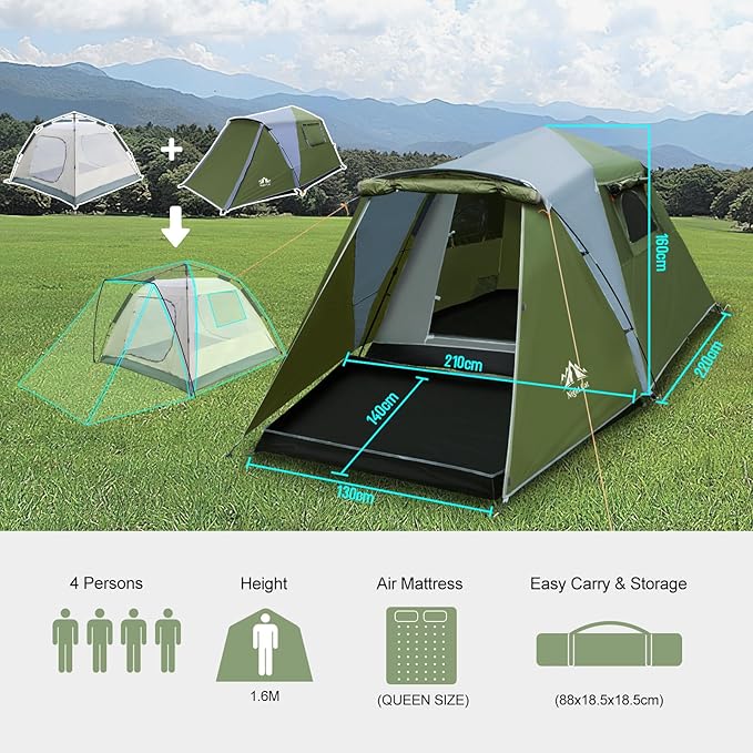 HikeWare Night Cat 3-Person Pop-Up Cabin Tent with Porch set up outdoors, showing its spacious design and attached porch area.
