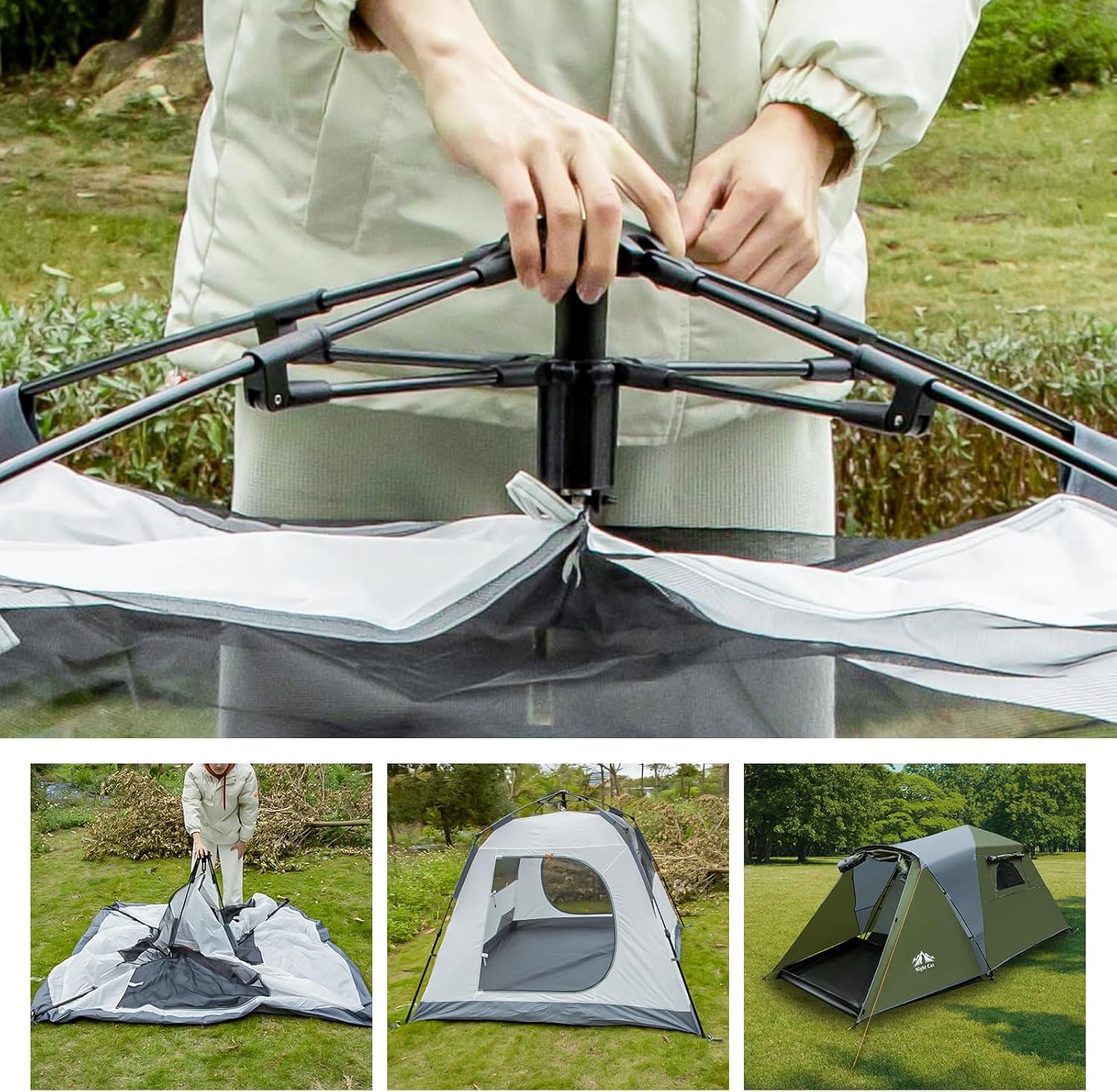 HikeWare Night Cat 3-Person pop-up cabin tent with porch set up outdoors, showcasing its spacious design and fabric material.