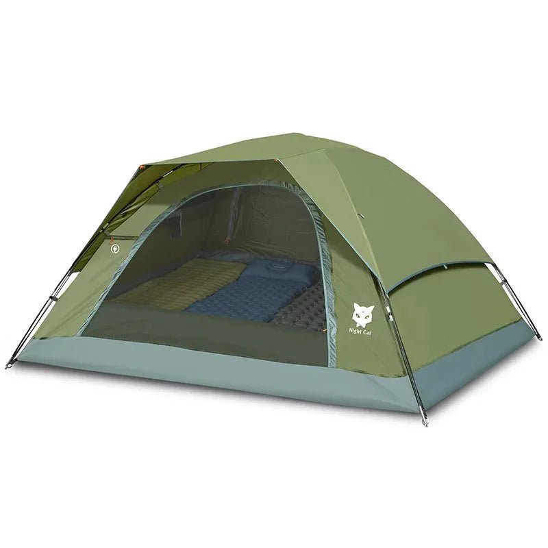 HikeWare Night Cat 3-4 person double-layer tent set up outdoors, showing its durable fabric and spacious interior for camping.