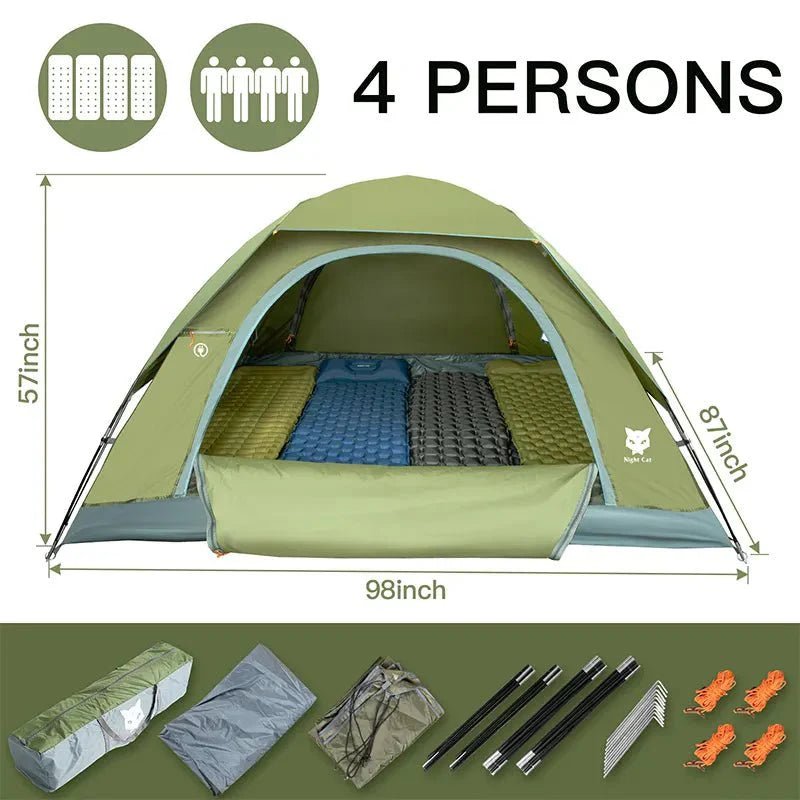 HikeWare Night Cat 3-4 person double-layer tent set up outdoors, featuring a durable waterproof exterior and spacious interior.