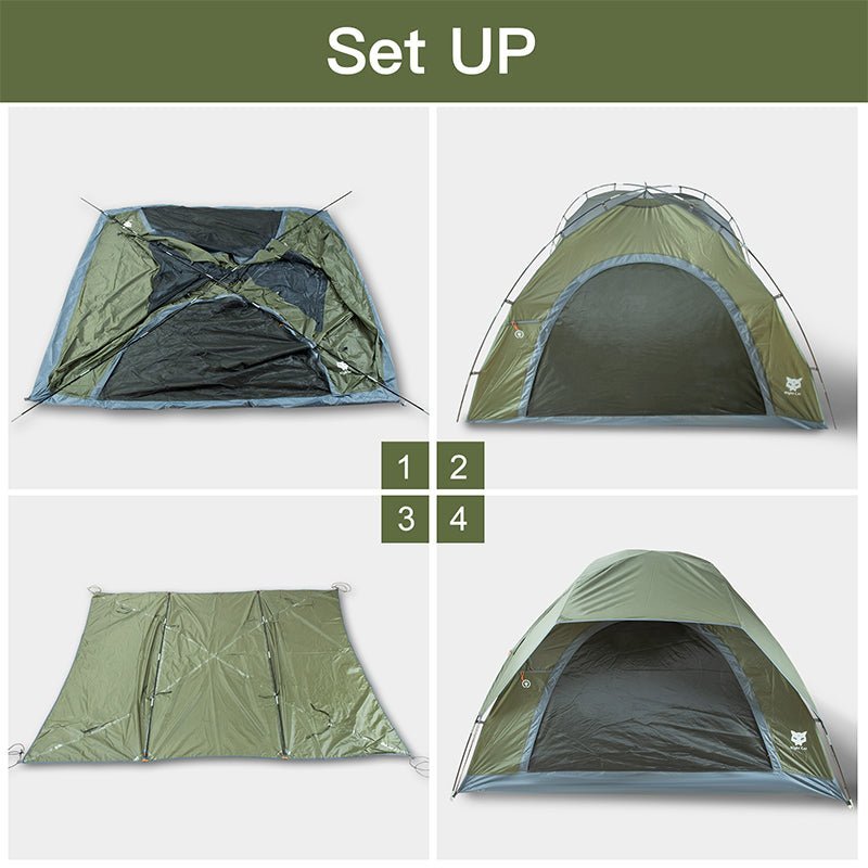 HikeWare Night Cat 3-4 person double layer tent set up outdoors, showing its waterproof fabric and spacious design for camping.