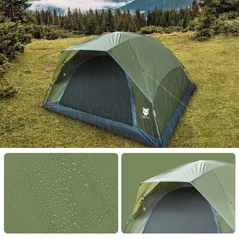 HikeWare Night Cat 3-4 person double-layer tent set up outdoors, showing its durable fabric and spacious interior for camping.