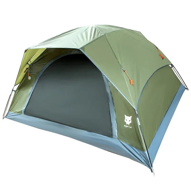HikeWare Night Cat 3-4 person double layer tent set up outdoors, featuring waterproof fabric and spacious interior for camping.