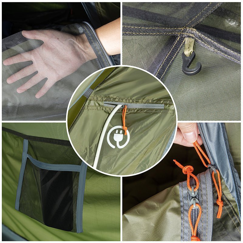 HikeWare Night Cat 3-4 person double-layer tent set up outdoors, showing its spacious design, rain fly, and sturdy stakes for camping.