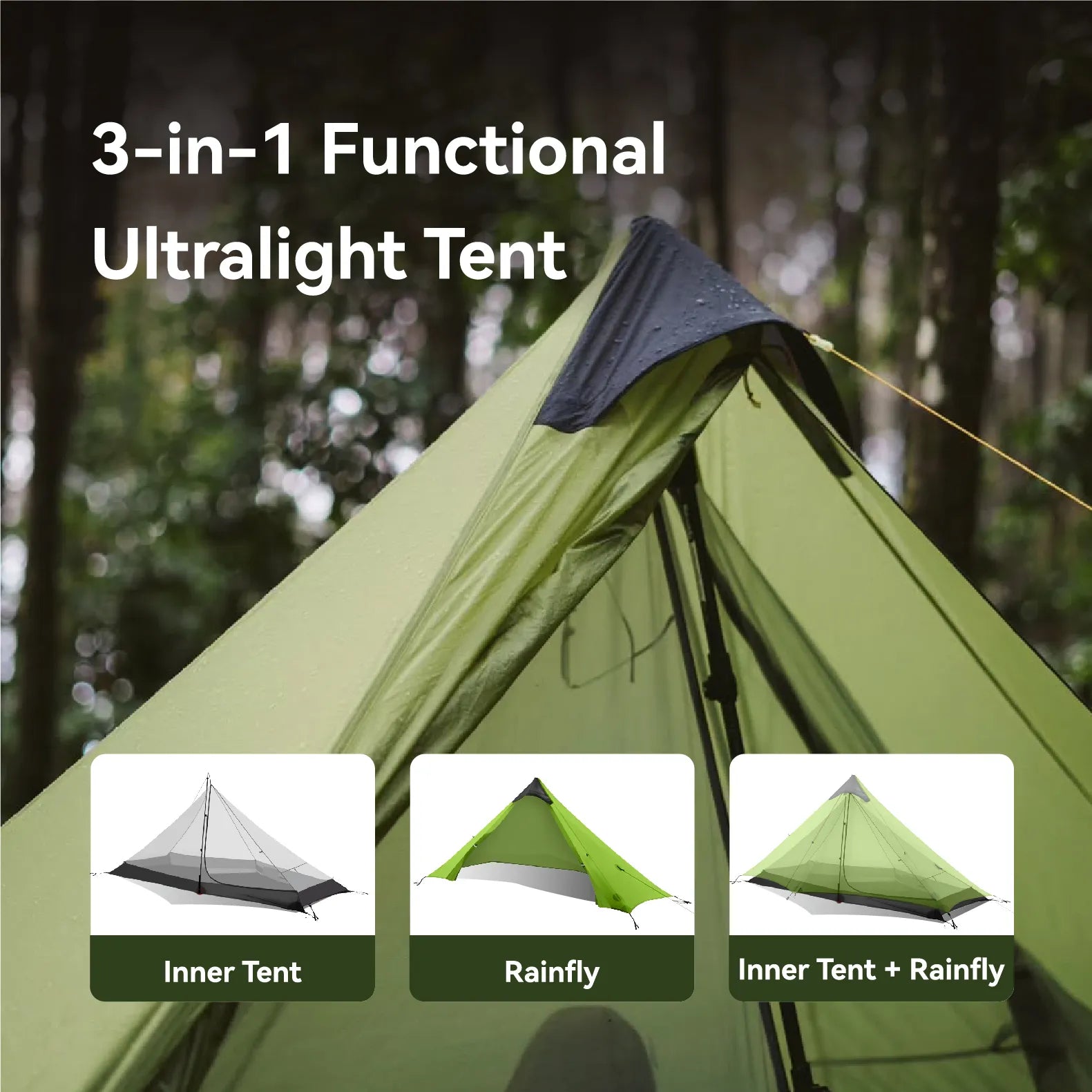 HikeWare Night Cat 1 Person ultralight backpacking tent set up outdoors, showcasing its compact, functional design for solo camping.