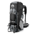 Black 70L Night Cat hiking backpack by HikeWare with multiple compartments and padded straps for outdoor adventures.