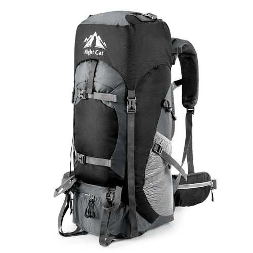 Black 70L Night Cat hiking backpack by HikeWare with multiple compartments and padded straps for outdoor adventures.