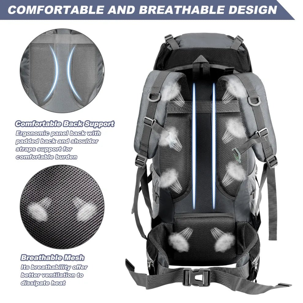 HikeWare 70L Night Cat hiking backpack with breathable design, adjustable straps, and multiple compartments for outdoor adventures.