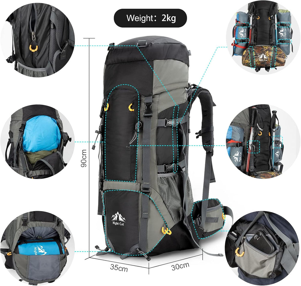 HikeWare 70L Night Cat hiking backpack with built-in internal frame, black design, and adjustable straps for outdoor adventure.