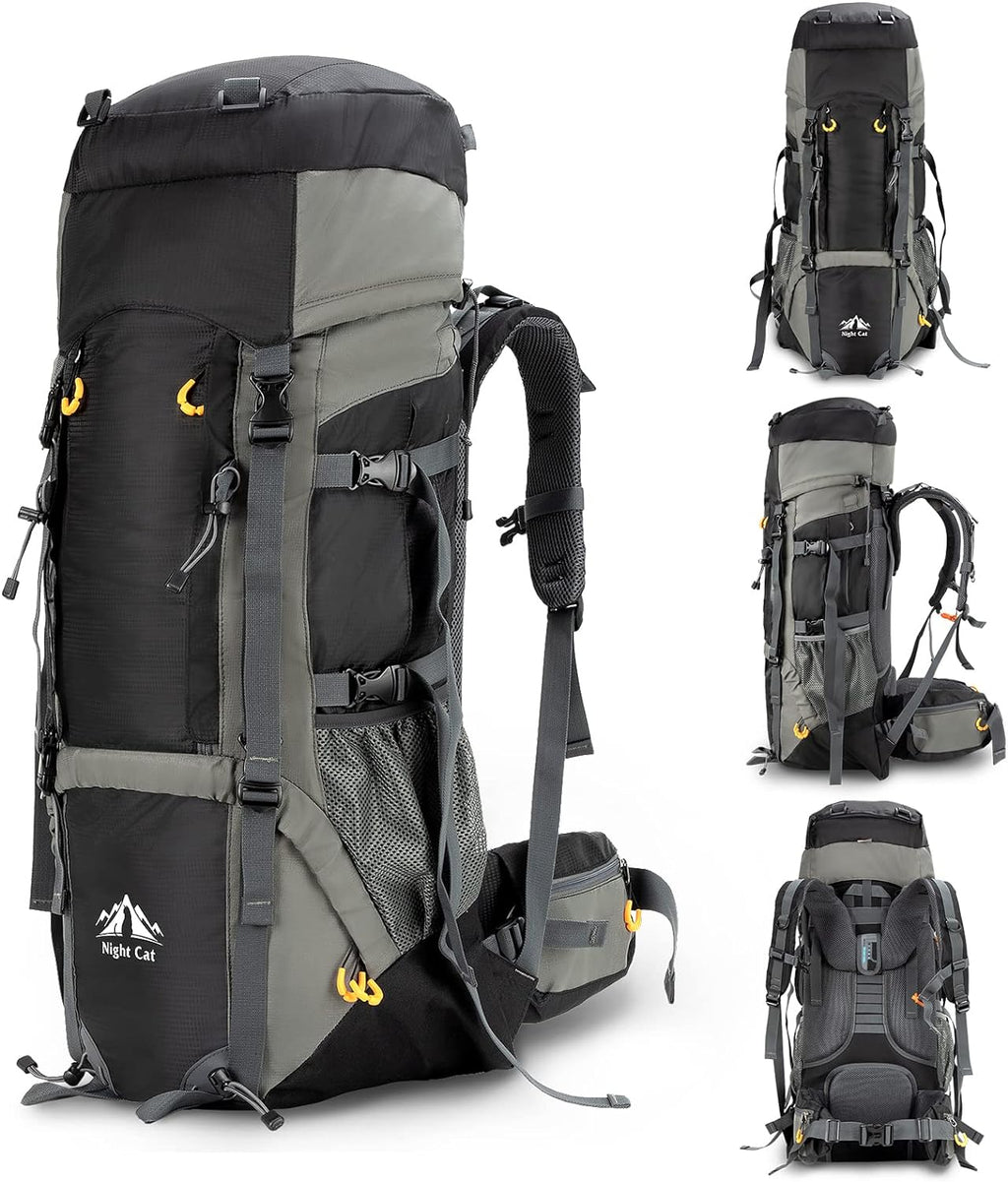HikeWare 70L Night Cat hiking backpack with internal frame, multiple views showing adjustable straps and durable outdoor design.