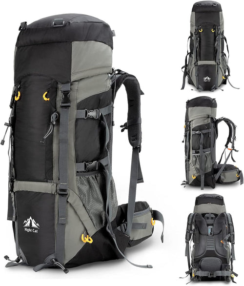 HikeWare 70L Night Cat hiking backpack with internal frame, multiple views showing adjustable straps and durable outdoor design.